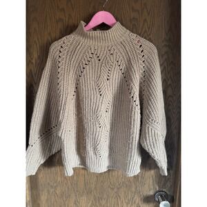 Umgee USA Tan Beige Chunky Knit Mock Neck Pointelle Sweater Womens Small Boho